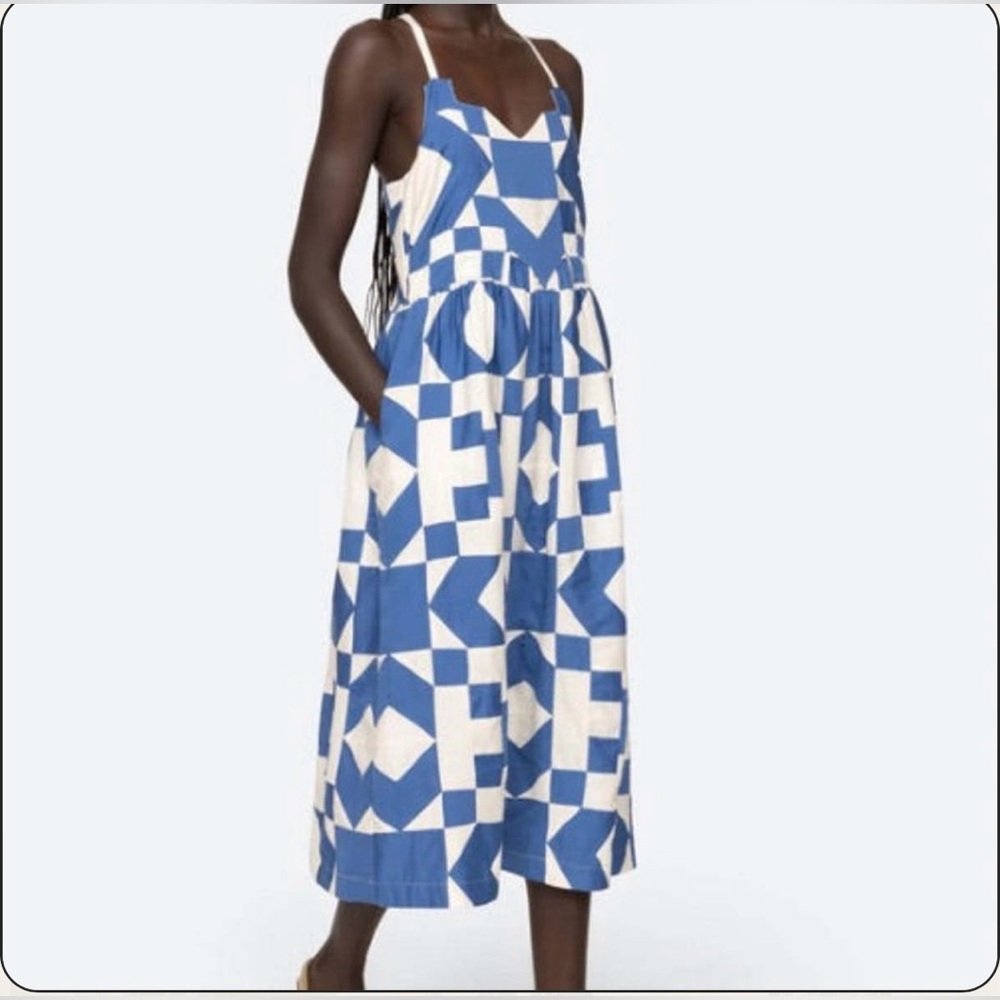 Sea Blue and White patchwork Midi Dress